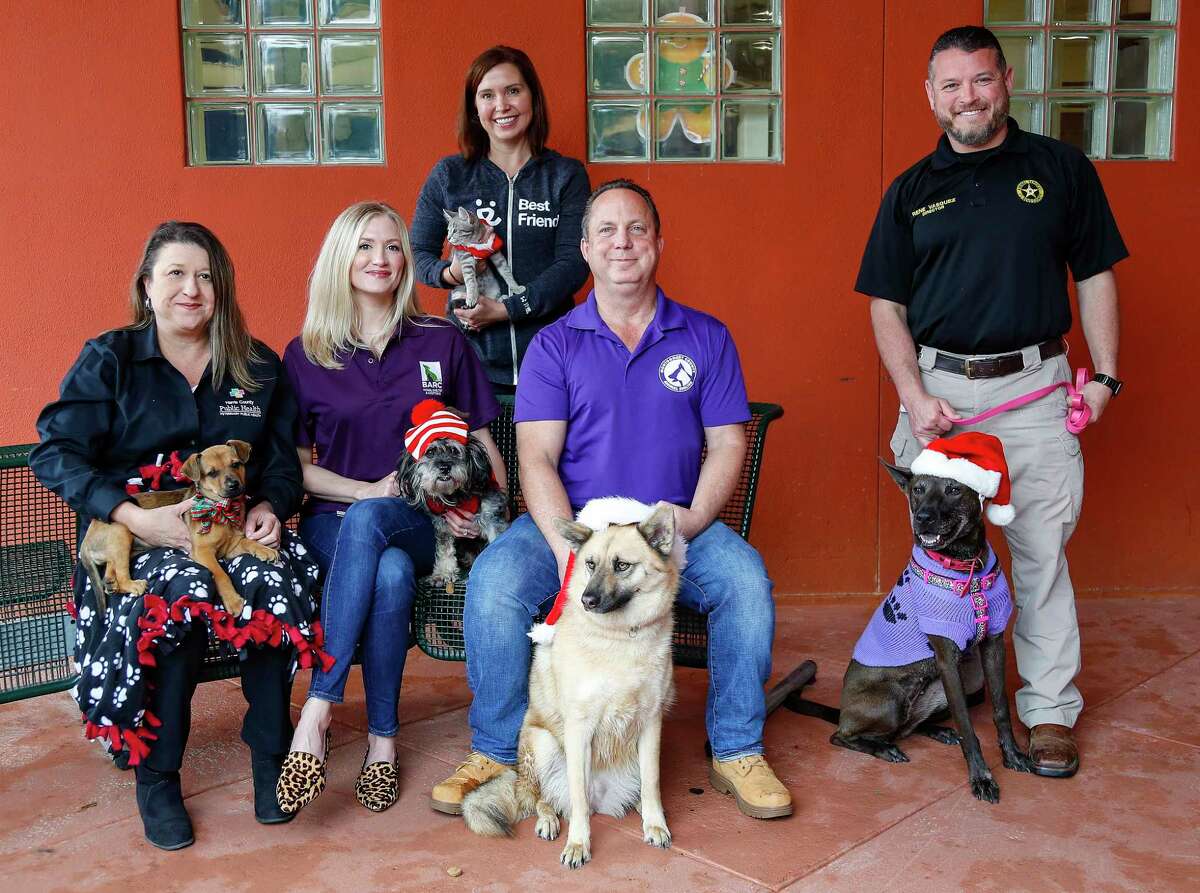 Danielle Macicek, of Harris County Animal Shelter; Adriane Fadely of BARC; Kerry McKeel of Best Friends Animal Society; Mark Wysocki of Montgomery County Animal Shelter; and Rene Vasquez of Ft. Bend County Animal Shelter are the representatives from five local Houston-area animal shelters, Monday, Dec. 16, 2019, in Houston. The shelters are participating in a holiday adoption/foster event that Best Friends is initiating in collaboration with BARC, Harris County Animal Shelter, Montgomery County Animal Shelter and Fort Bend Animal Services Center. The local shelters typically see an uptick in animal intake right before holidays. Yet, the holidays are also a popular time for people to acquire a pet. So, in this season of giving we are urging the community to be “wish granters” for the hundreds of animals waiting in our local animal shelters for their second chance. “Holiday Wishes for Shelter Pets” will be held December 21-22 with the shared goal to place as many animals possible in adoptive or foster homes for the holidays. Adoption fees for dogs have been reduced to $20 and for cats $10 (Additional discounts may apply at some participating shelters) and include spay, neuter microchip and vaccines. Visitors will also be invited to enjoy complimentary hot chocolate, cookies, make commemorative pawprint ornaments and cards. Each adopted pet will also receive a festive holiday keepsake bandana. The adoption/foster event will take place at each shelter during their normal operating hours.