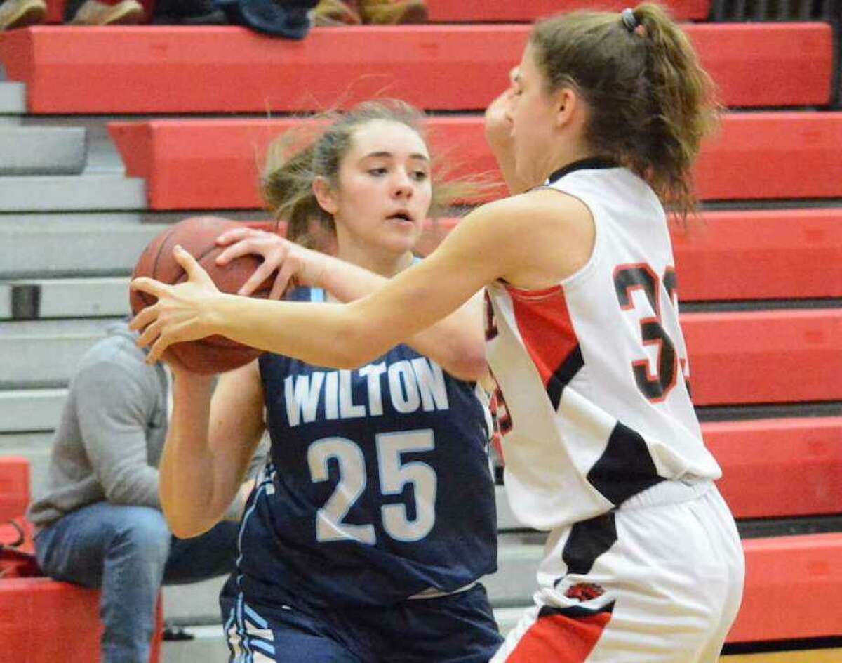 Riley Eaton (shown last season) contributed 10 points as the Wilton girls basketball team defeated Weston on Monday night.