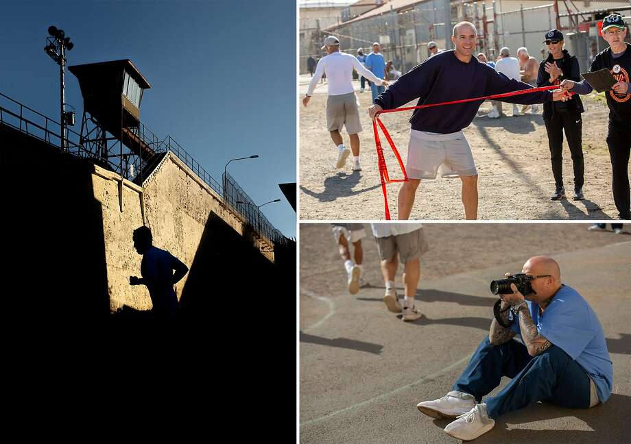 Fidelio Salazar Marin runs in the San Quentin marathon (left) on Nov. 22 in San Quentin State Prison. Top right: Brett Ownbey, an inmate of San Quentin State Prison, holds up finish-line tape for marathon participants. Bottom right: Javier Jimenez, a photographer for the inmate-run newspaper San Quentin News, photographs the San Quentin Marathon. Photo: Santiago Mejia / The Chronicle