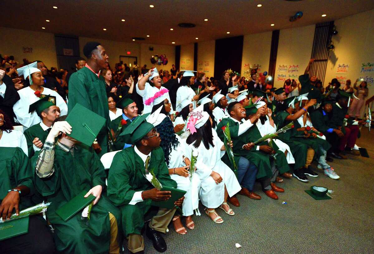 Stamford Academy Class of 2017 celebrate graduating and receiving their diplomas in a ceremony at Trailblazers Academy in Stamford, Conn., on Wednesday, June 14, 2017.