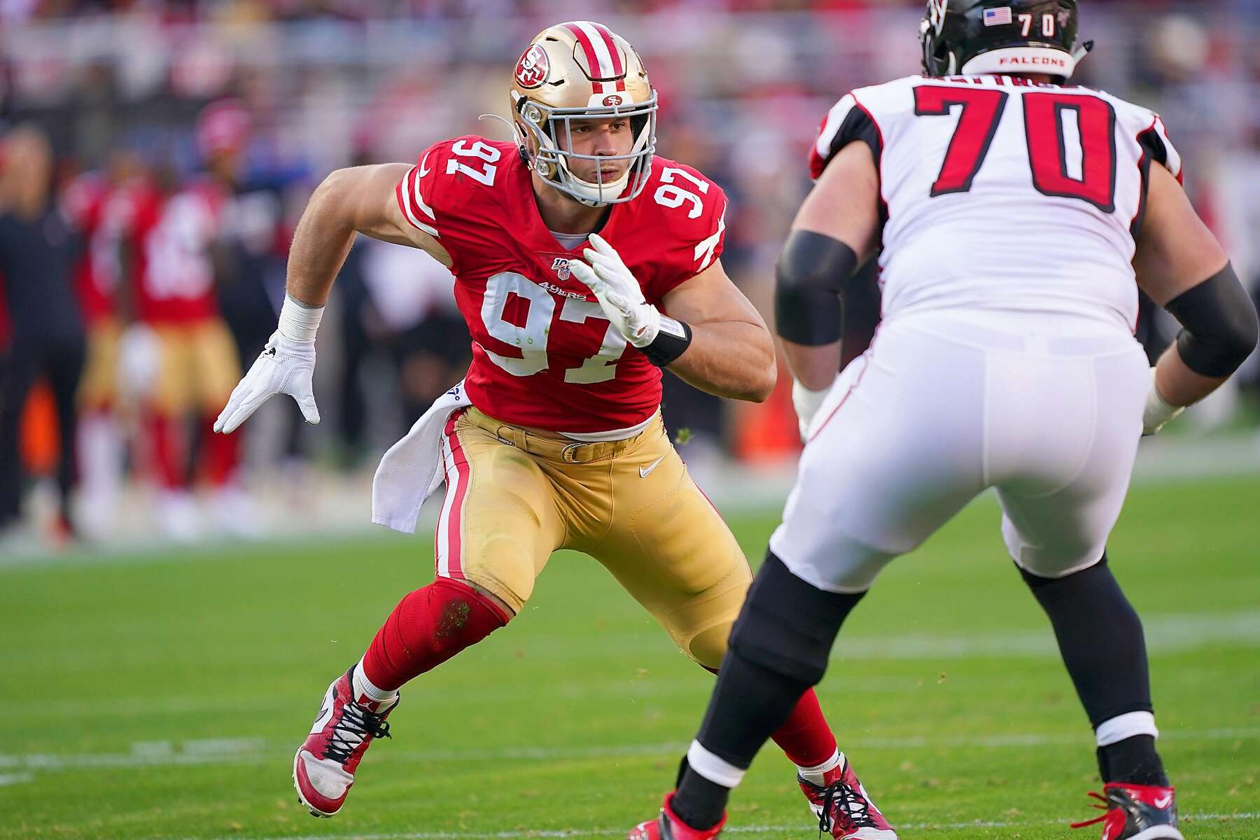 The cleats of San Francisco 49ers defensive end Nick Bosa are