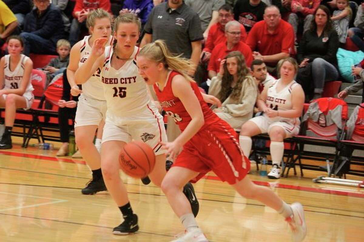 Reed City's Alaina Stein (15) applies the defensive pressure against Fremont on Friday. (Herald Review photo/John Raffel)
