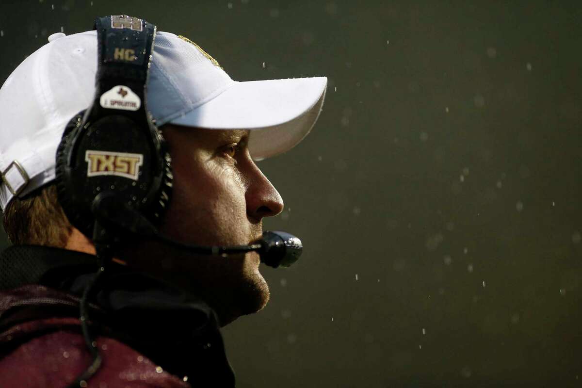 Texas State head coach Jake Spavital looks on from the sidelines during the second half of an NCAA college football game against Appalachian State Saturday, Nov. 23, 2019, in Boone, N.C. (AP Photo/Brian Blanco)
