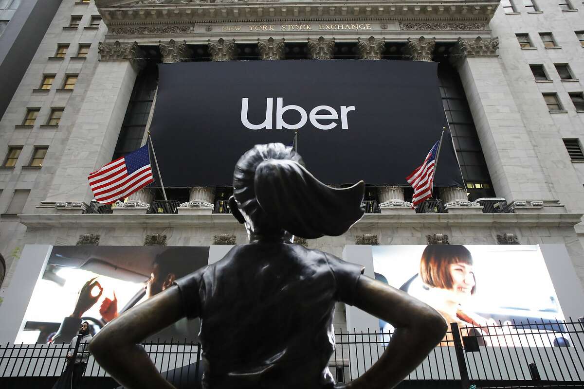 FILE - In this May 10, 2019, file photo the statue of Fearless Girl stands in front of the New York Stock Exchange before Uber, the world's largest ride-hailing service, holds its initial public offering. (AP Photo/Mark Lennihan, File)