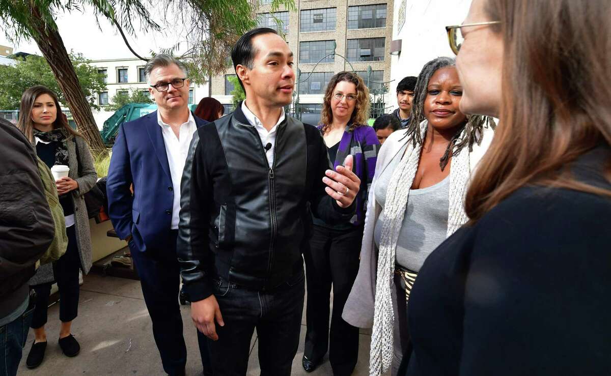 Democratic party hopeful Julian Castro tours Skid Row with community advocate Suzette Shaw (2nd L) in Los Angeles, California on December 18, 2019. - Castro also met with community leaders at a Downtown Women's Center ahead of the December 19 Democratic Party Debate to be held at Loyola Marymount University. (Photo by Frederic J. BROWN / AFP) (Photo by FREDERIC J. BROWN/AFP via Getty Images)