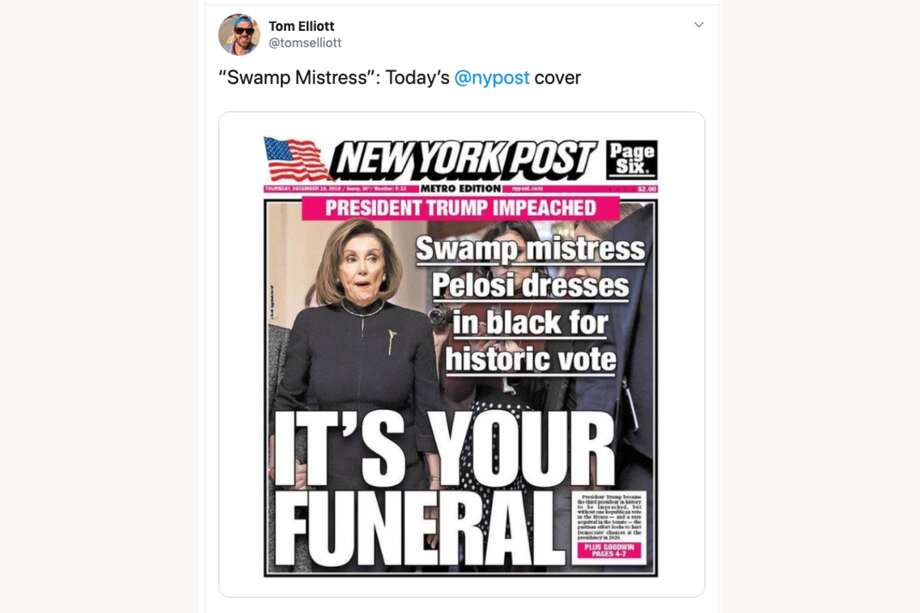 House Speaker Nancy Pelosi is the "Swamp Mistress" on the New York Post's post-impeachment front page. Photo: Twitter