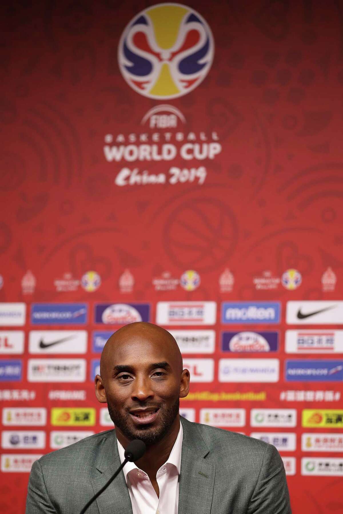 BEIJING, CHINA - SEPTEMBER 13: Former basketball player Kobe Bryant talks to the media after the game of Team Spain against Team Australia during the semi-finals of 2019 FIBA World Cup at Beijing Wukesong Sport Arena on September 13, 2019 in Beijing, China. (Photo by Lintao Zhang/Getty Images)
