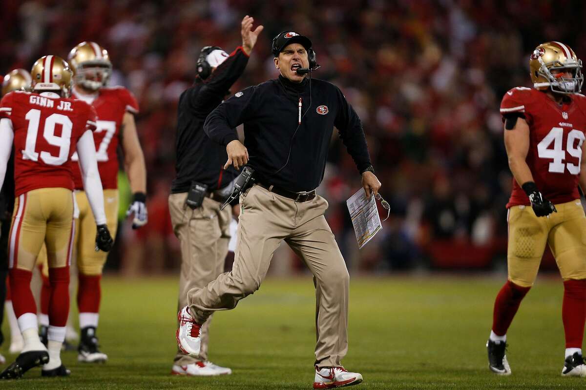 San Francisco 49ers head coach Jim Harbaugh reacts to a call during the second quarter during the NFL divisional playoff game against the Green Bay Packers at Candlestick Park in San Francisco, Calif. on Saturday, January 12, 2013.