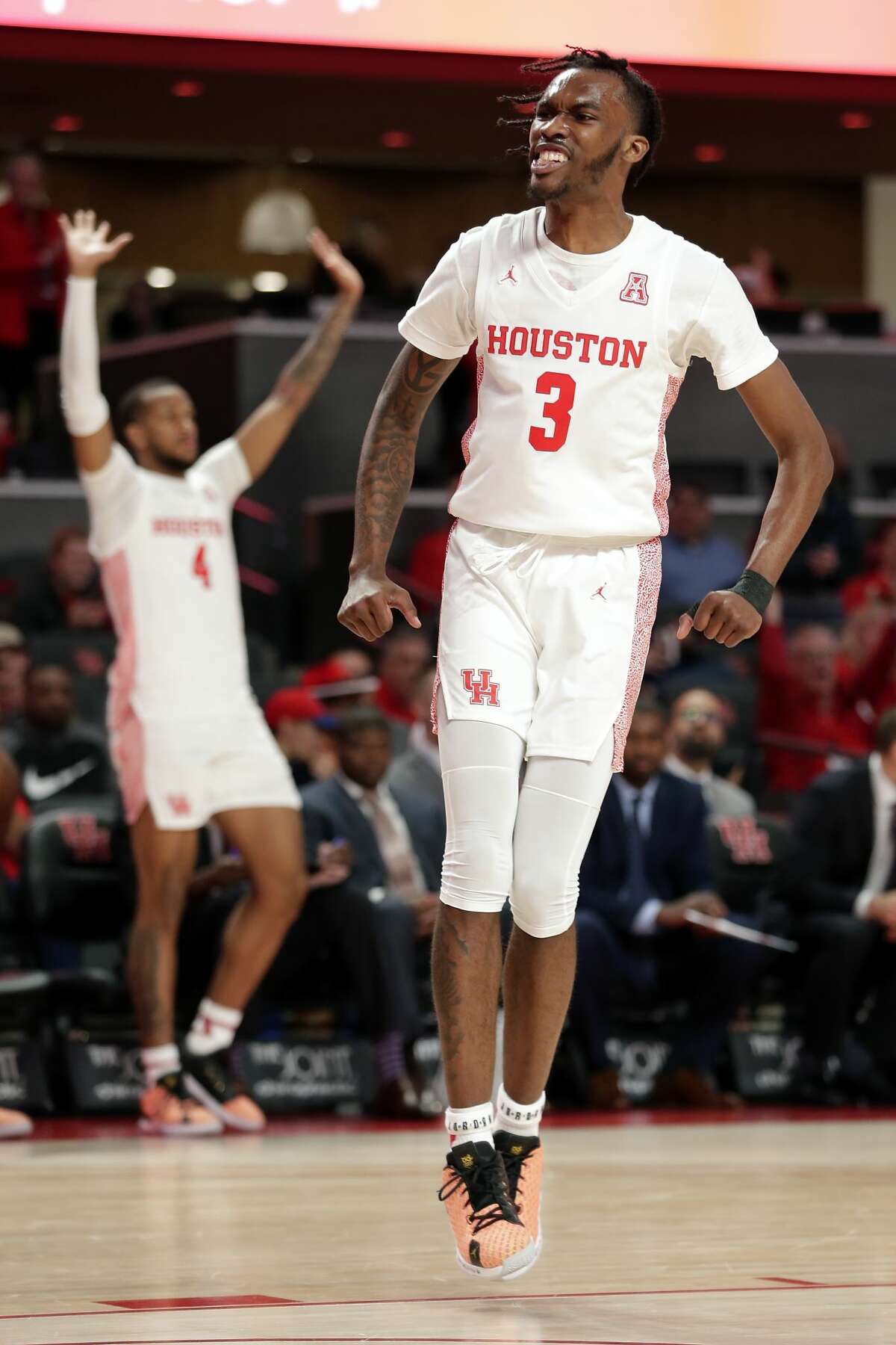 Houston guard DeJon Jarreau (3) reacts after a dunk during the second half of their game against UTEP Thursday, Dec. 19, 2019 in Houston, TX.