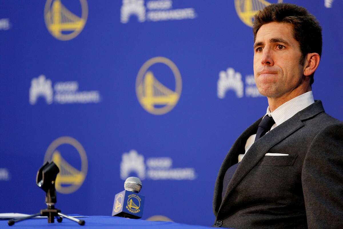 Warriors general manager Bob Myers addresses members of the news and sports media during the Warriors Draft Night Media event at the Rakuten Performance Center on Thursday, June 20, 2019, in Oakland, Calif. The Warriors selected Jordan Poole (Round 1, Pick 28), Alen Smailagic (Round 2, Pick 39), Eric Paschall (Round 2, Pick 41) and Miye Oni (Round 2, Pick 58).