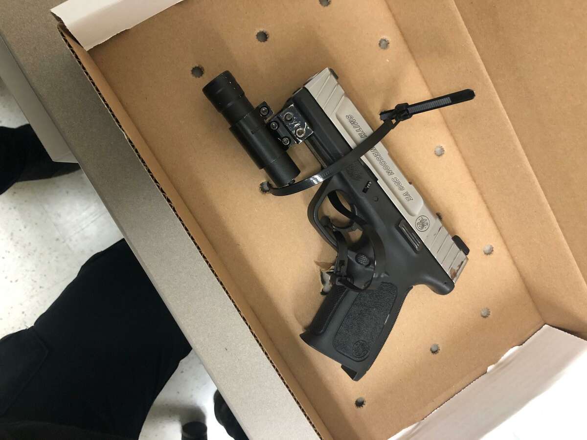 A Smith & Wesson 9 mm handgun was found in the pocket of a 17-year-old Stamford man on Thursday. The gun, which had a 16-round capacity magazine, was loaded with eight rounds, including one bullet in the chamber, according to police. The 17-year-old was arrested for illegally possessing the gun.