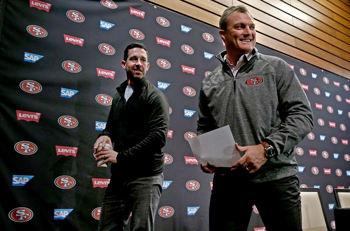 San Francisco 49ers' head coach Kyle Shanahan, (left) and general manager John Lynch finish up the final press conference of the season at Levi's Stadium in Santa Clara, on Tues. January 2, 2018.