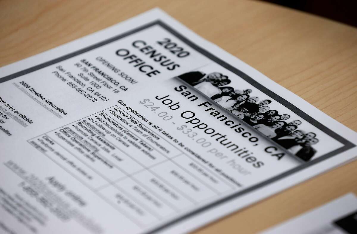 A flyer details the job opportunities at a workshop to recruit temporary workers for the 2020 census in San Francisco, Calif. on Tuesday, Dec. 10, 2019. The St. Anthony Foundation's Tenderloin Tech Lab is hosting recruiting sessions in collaboration with the Census Bureau.