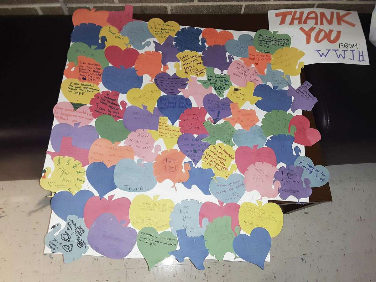 One of the posters with little notes on hearts, turkeys, and pumpkins delivered to law enforcement agencies.