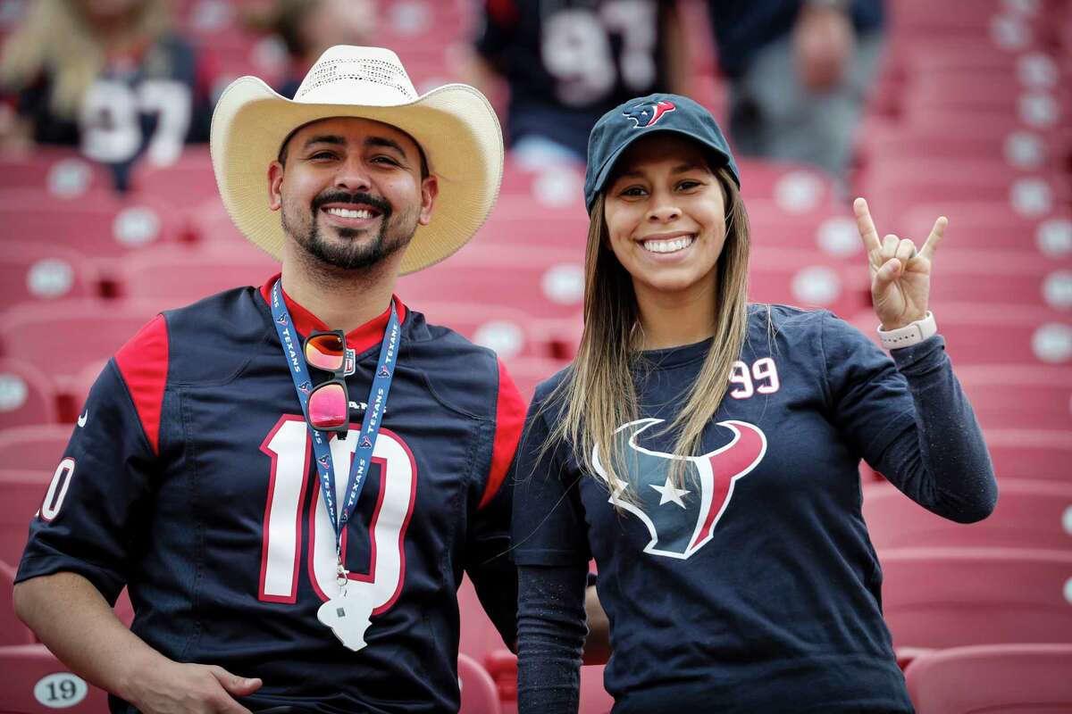 Houston Texans fans watch warm ups before an NFL football game against the Tampa Bay Buccaneers at Raymond James Stadium on Saturday, Dec. 21, 2019, in Tampa.