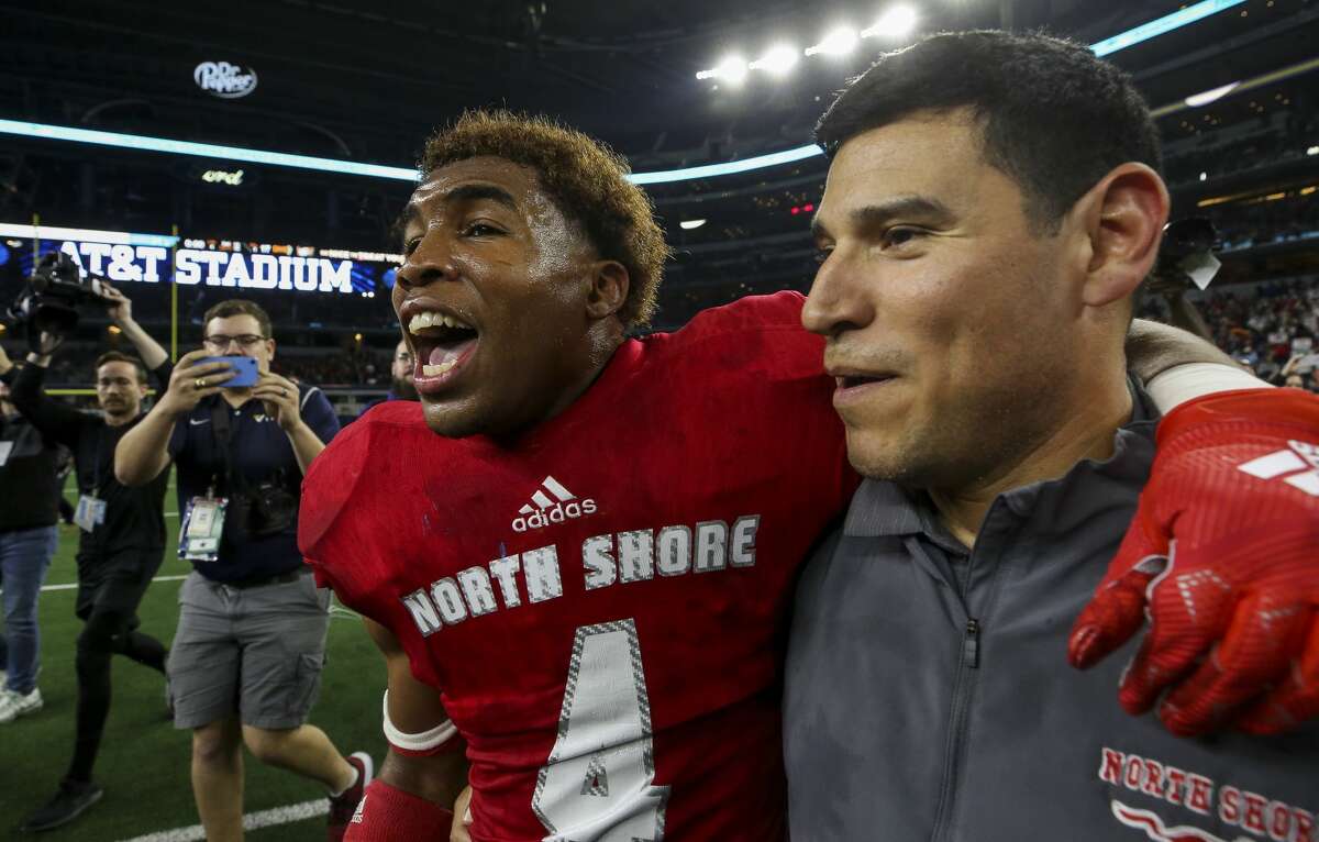 North Shore defensive back Jordan Polart (4) celebrates after defeating Duncanville 31-17 in the UIL 6A Division 1 State Championship at AT&T Stadium Saturday, Dec. 21, 2019, in Arlington, Texas.