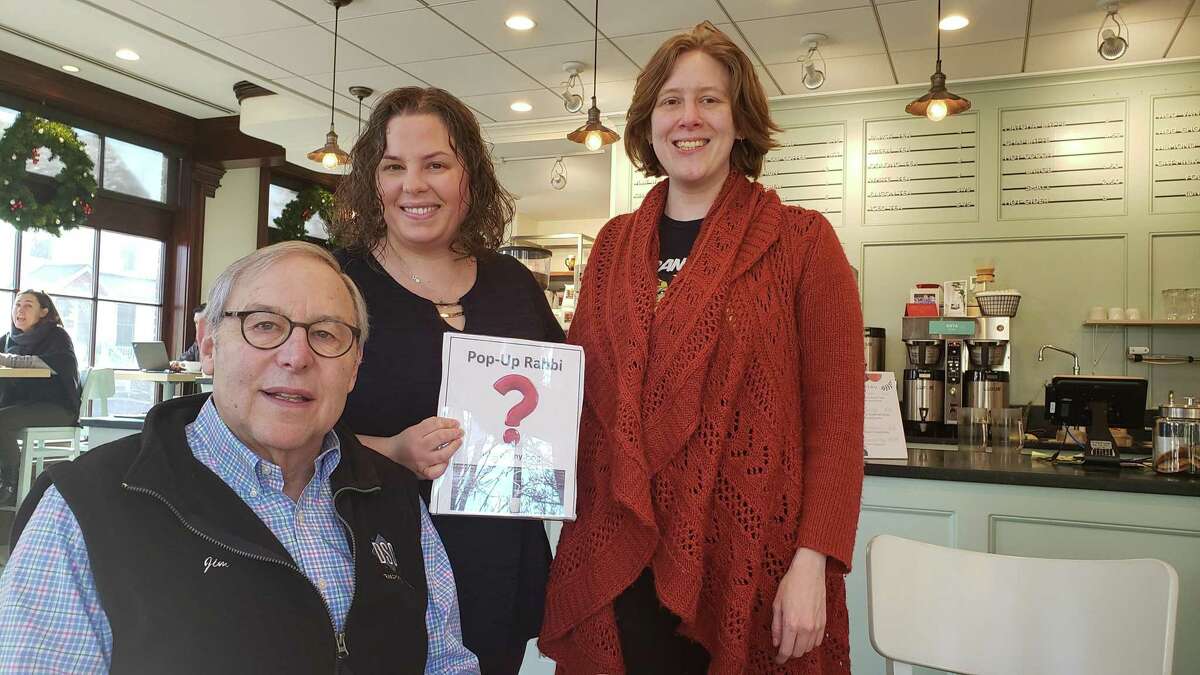 From left, Westport resident Jim Sugarman, Rabbi Ita Paskind, and Norwalk resident Nellie Cole at a recent Pop Up Rabbi coffee at Express NEAT in Darien.