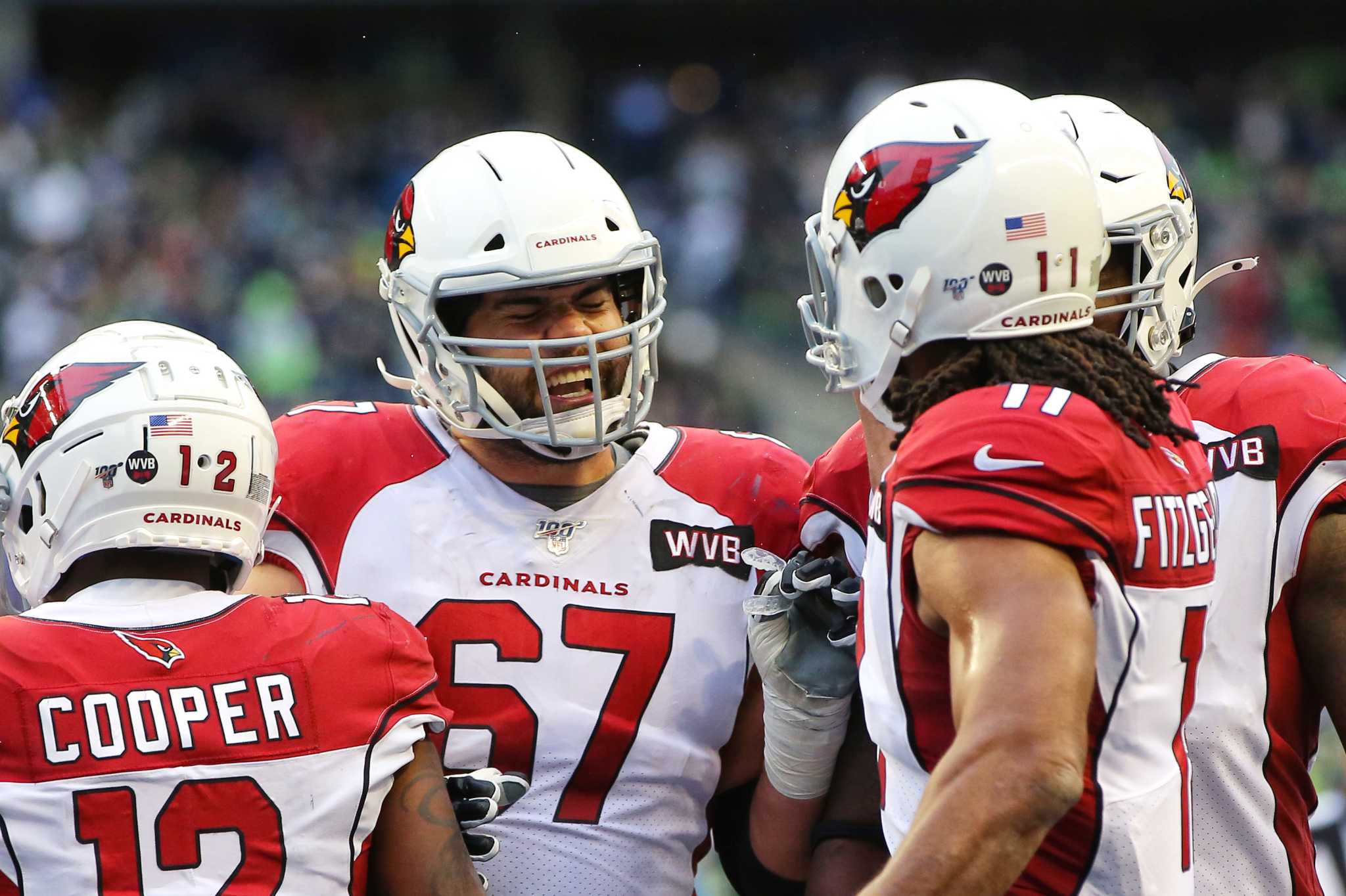 Arizona Cardinals wide receiver Larry Fitzgerald (11) runs after the catch  as Seattle Seahawks middle linebacker Bobby Wagner (54) pursues during the  second half of an NFL football game, Thursday, …