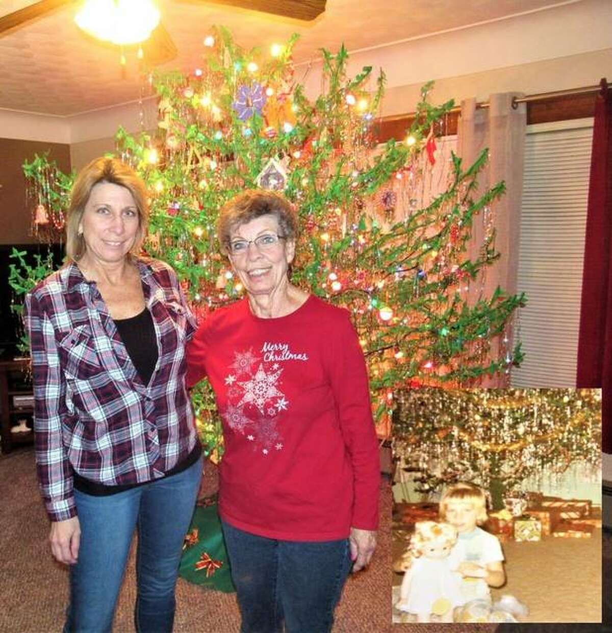 Diana Sugg, left, is carrying on a family tradition this Christmas with a sassafras tree similar to the one created by her mother, Carol Rives, in 1971, as seen in the inset. The tree is a bare sassafras tree wrapped in green crepe paper, adorned with six boxes of tinsel, 200 handmade ornaments and 400 lights.