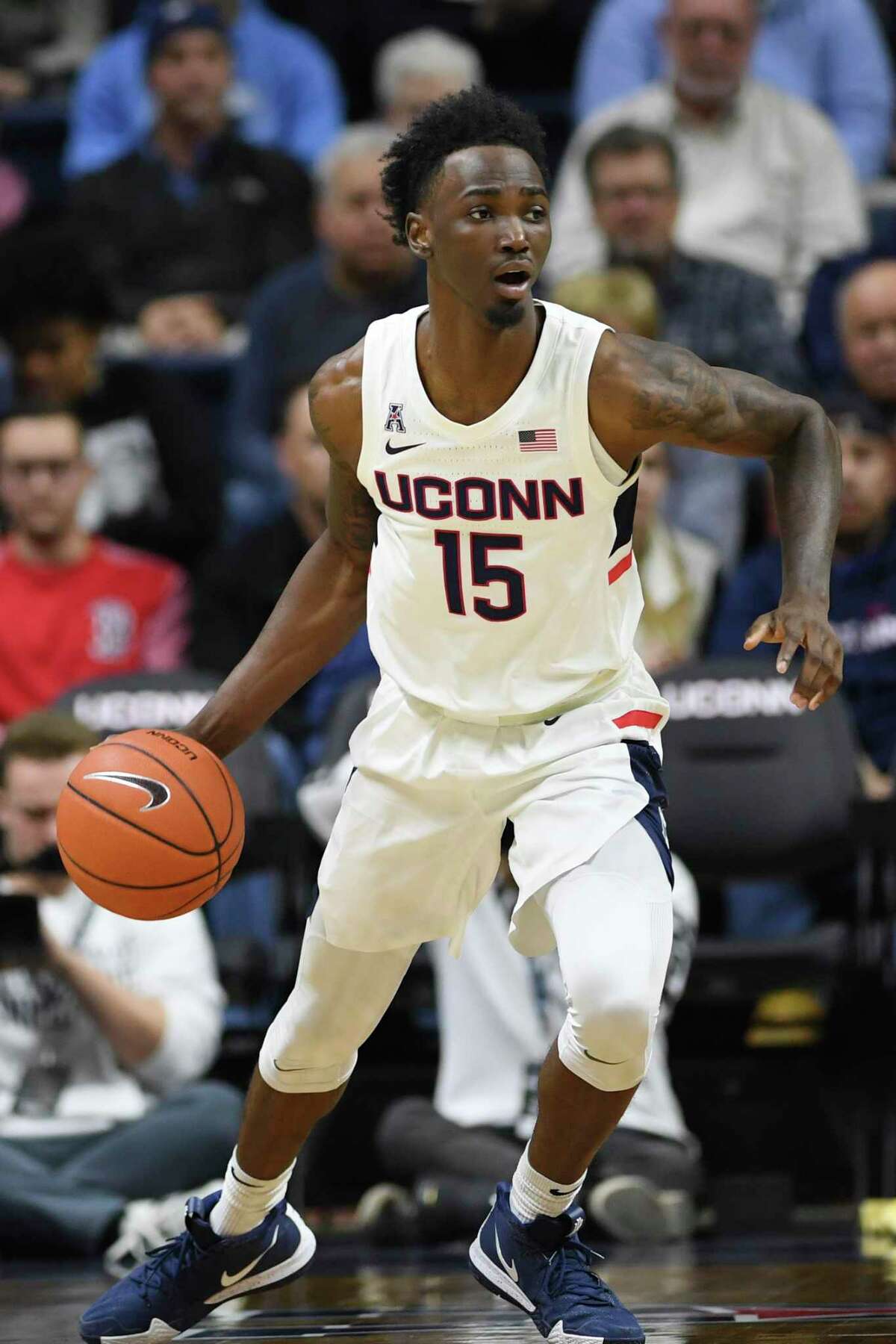 Connecticut's Sidney Wilson in the first half of an NCAA college basketball game, Wednesday, Dec. 4, 2019, in Storrs, Conn. (AP Photo/Jessica Hill)