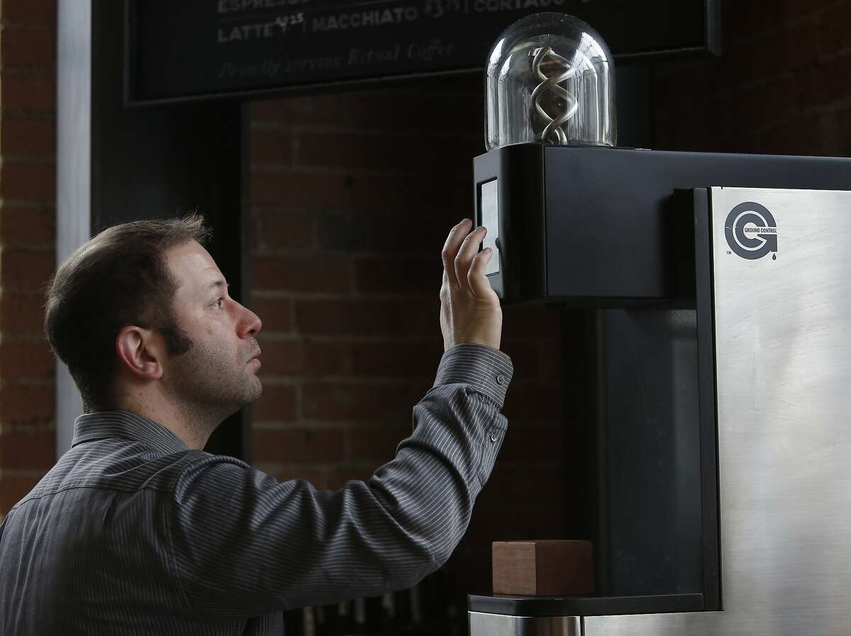 Eli Salomon, Voga co-founder and chief executive officer, prepares to make coffee in a Ground Control batch brew machine at Dandelion Chocolate Factory on Wednesday, December 18, 2019 in San Francisco, Calif.