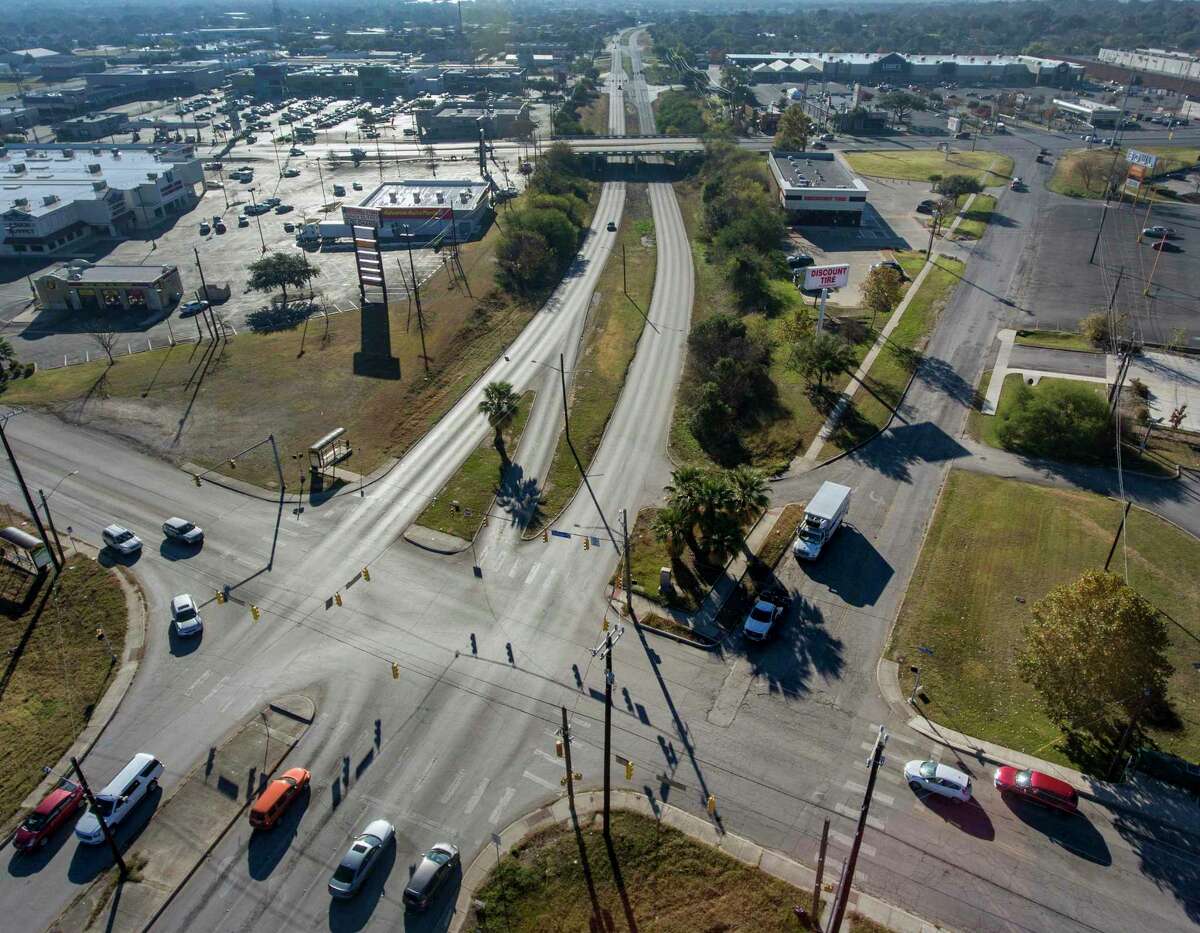 The intersection of Harry Wurzbach Road, going top to bottom through the image, and Eisenhauser Road is seen in a Thursday. December 24, 2019 aerial image while Austin Highway can be seen in the background passing over Harry Wurzbach. A $22 million, two-year redesign of the 1962-era intersection is set to begin in February 2020.