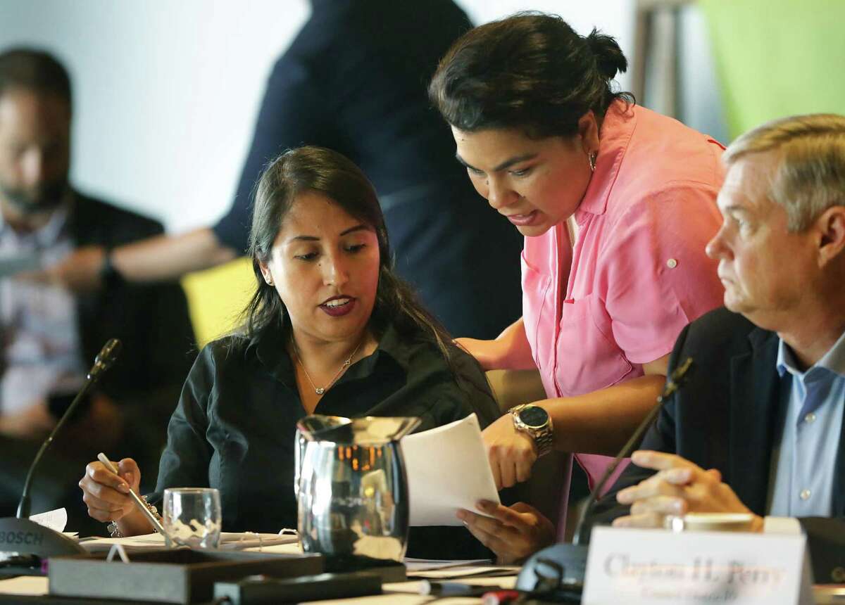 Councilwoman Adriana Rocha Garcia, left, and Councilwoman Rebecca Viagran at City Council’s budget workshop session at the Henry B. Gonzalez Convention Center on Friday, June 21, 2019. Garcia and Councilman Roberto Treviño are pursuing changes to the city Ethics Code.
