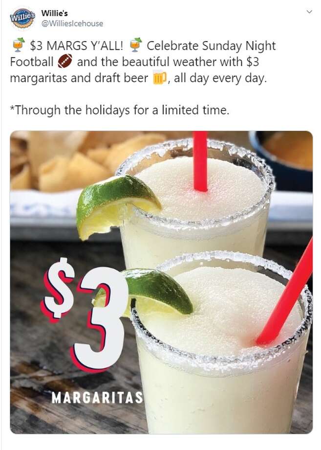 Willie's Grill and Icehouse is offering a $3 margarita special all day, every day for the rest of 2019. Photo: Twitter: @WilliesIcehouse