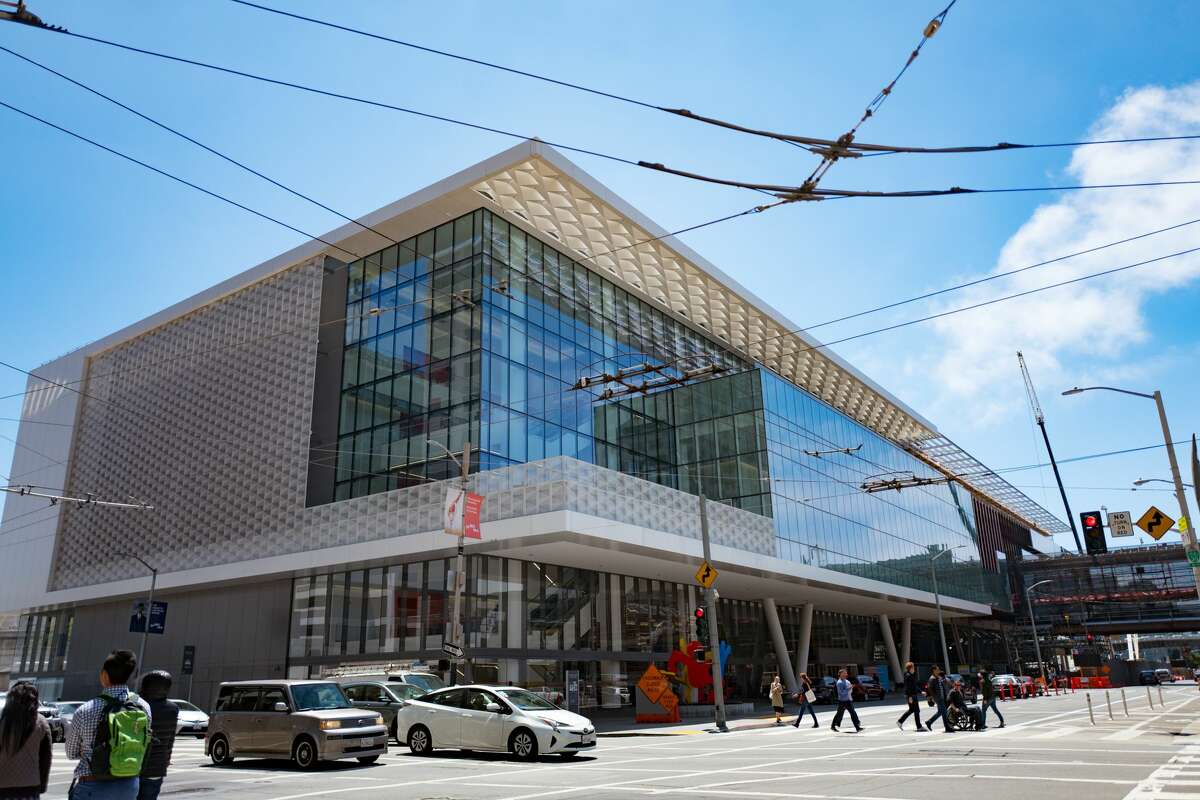Facade of the Moscone Center convention center in downtown San Francisco, California during its 2018 renovation, August 2, 2018. (Photo by Smith Collection/Gado/Getty Images)