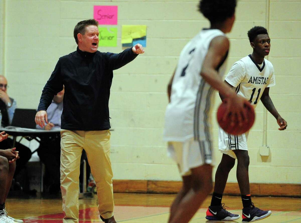 Amistad coach Ryan Ott during the Robert Saulsbury Basketball Invitational against Kolbe Cathedral in December.