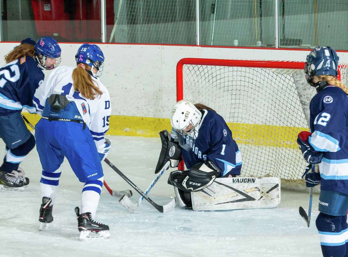 Goalie Erin McMorris (shown in a game last season) and the Wilton girls hockey team got a rare win over Ridgefield last Friday.