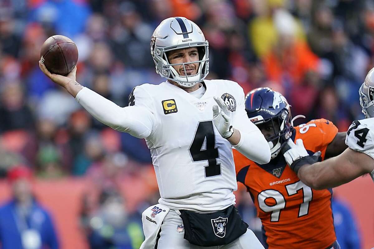 Oakland Raiders quarterback Derek Carr throws a pass during the first half of an NFL football game against the Denver Broncos, Sunday, Dec. 29, 2019, in Denver. (AP Photo/Jack Dempsey)
