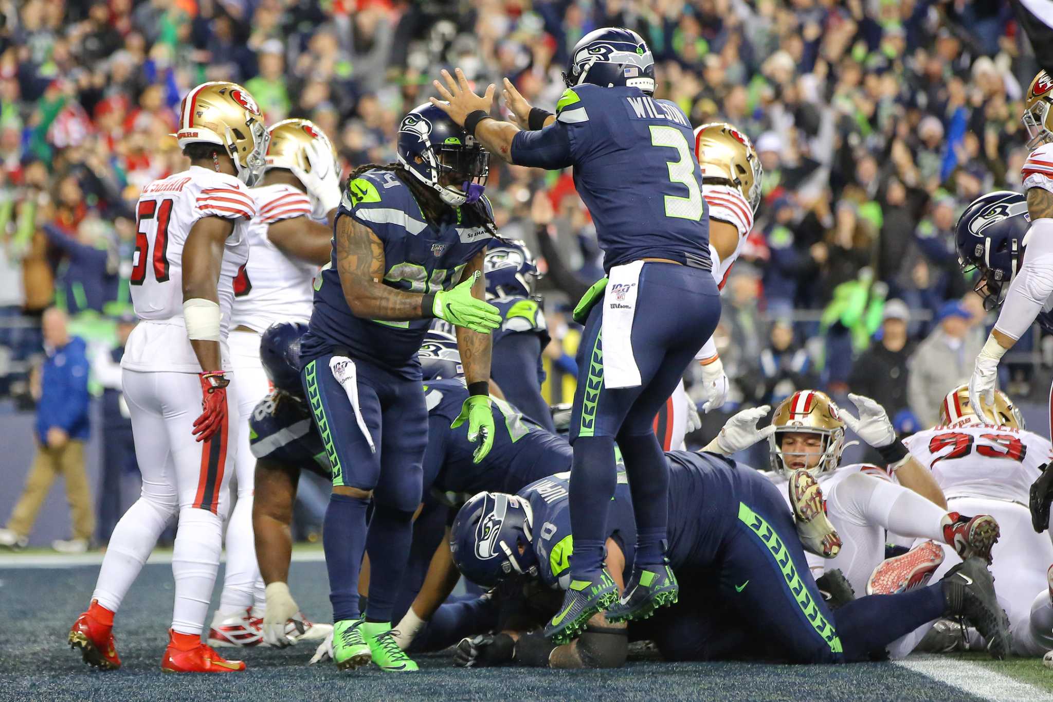 December 2, 2018: Seattle Seahawks defensive end Quinton Jefferson (99)  celebrates a defensive stop during a game between the San Francisco 49ers  and the Seattle Seahawks at CenturyLink Field in Seattle, WA.