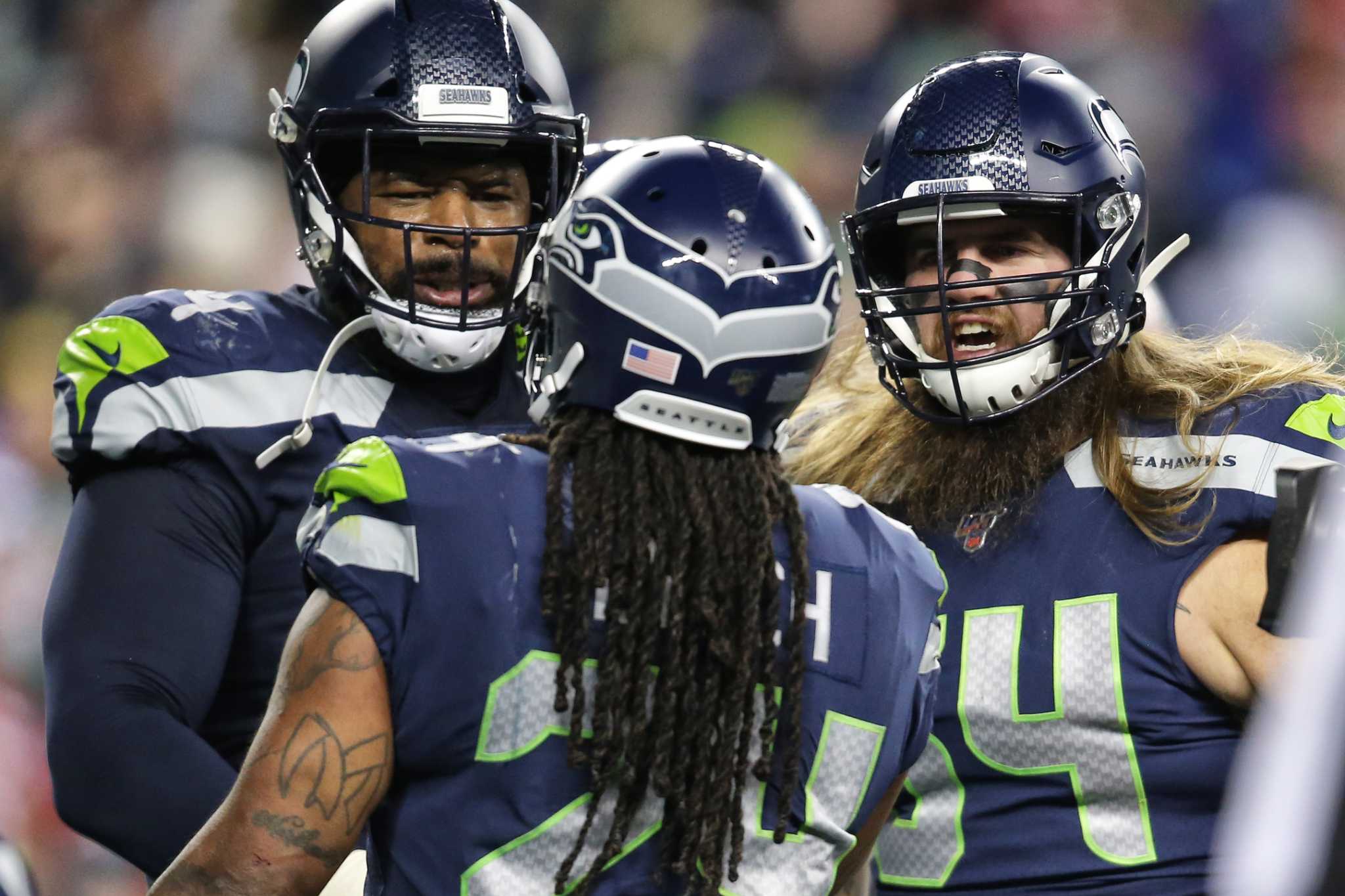 December 2, 2018: Seattle Seahawks defensive end Quinton Jefferson (99)  celebrates a defensive stop during a game between the San Francisco 49ers  and the Seattle Seahawks at CenturyLink Field in Seattle, WA.