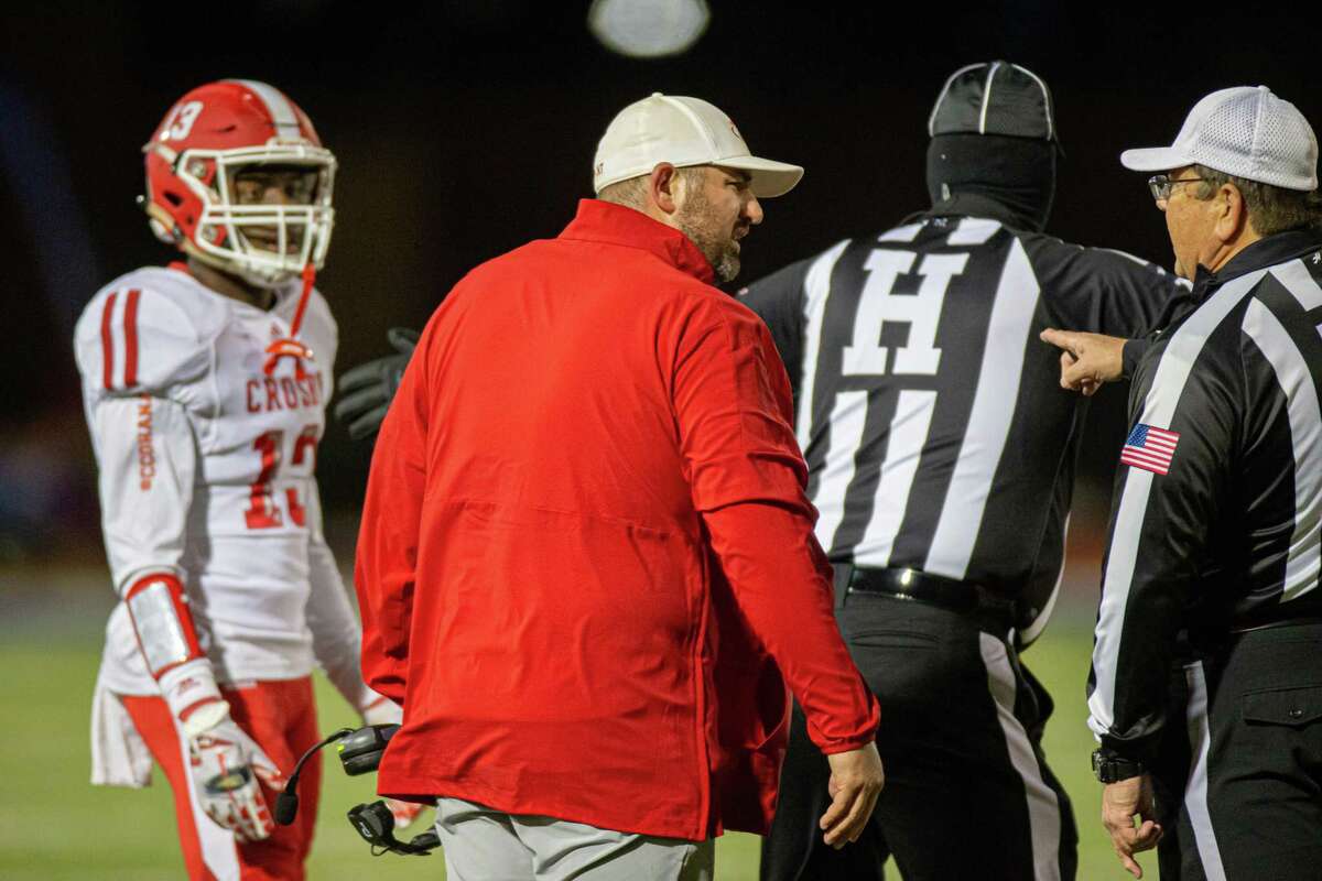Crosby Cougars head coach Jerry Prieto talking to the sideline official during the second half of action between the Barbers Hill Eagles and the Crosby Cougars during an UIL 5A high school football game at the Barbers Hill Eagle Stadium, Friday, October 25, 2019, in Rosenberg. Barbers Hill Eagle defeated Crosby Cougars 28-7 (Juan DeLeon/Contributor)