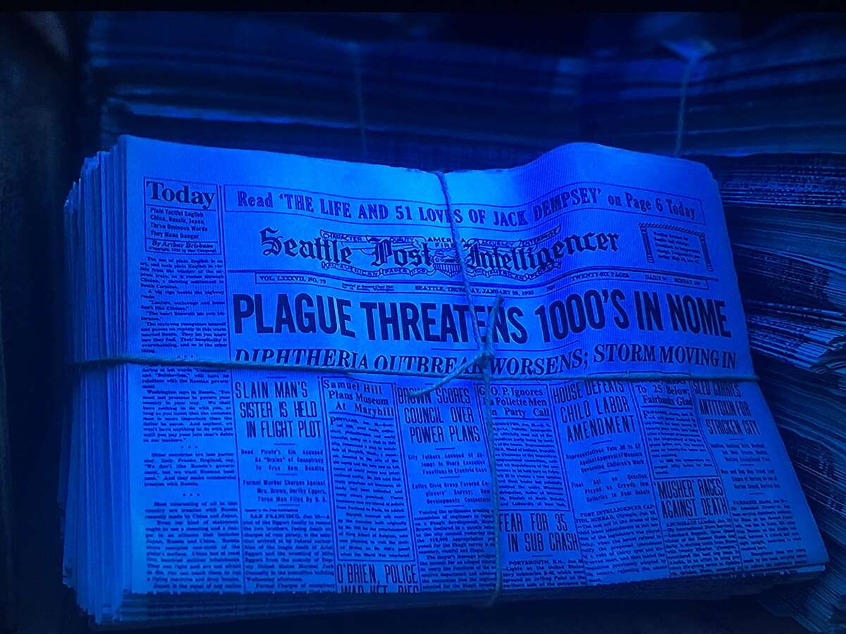 A screenshot from the movie "Togo" on Disney Plus showing a front page of the SeattlePI.