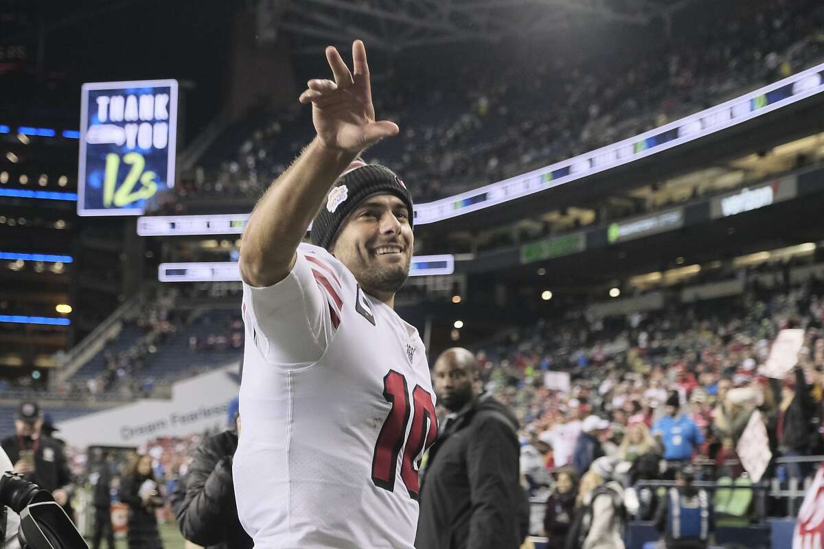 San Francisco 49ers quarterback Jimmy Garoppolo (10) reacts after the team beat the Seattle Seahawks in an NFL football game, Sunday, Dec. 29, 2019, in Seattle. (AP Photo/Stephen Brashear)