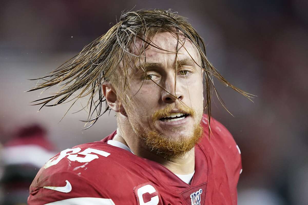 San Francisco 49ers tight end George Kittle (85) celebrates after an NFL football game against the Los Angeles Rams in Santa Clara, Calif., Saturday, Dec. 21, 2019. (AP Photo/Tony Avelar)