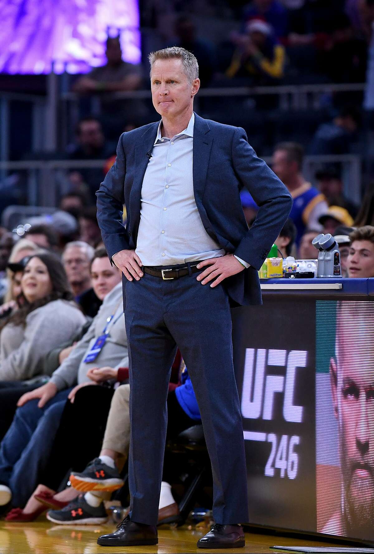 Head coach Steve Kerr of the Golden State Warriors looks on against the Houston Rockets during the second half of an NBA basketball game at Chase Center on December 25, 2019 in San Francisco, California.