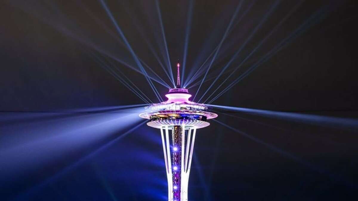 Laser light show atop the Space Needle as the clock struck midnight to welcome in 2020.