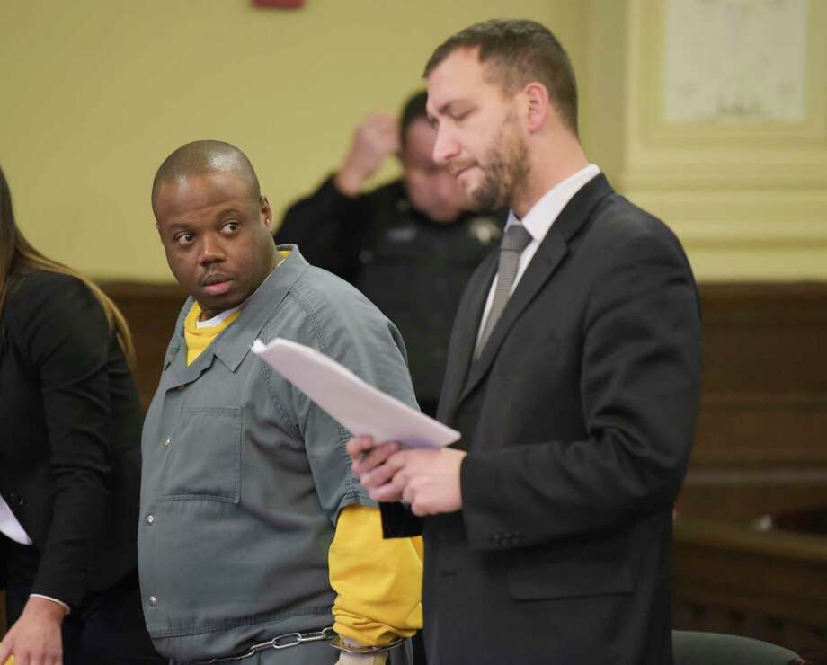 James White, left, and his attorney, Kurt Haas appear in Rensselaer County Court for a suppression hearing on Thursday, Jan. 2, 2020, in Troy, N.Y. White is charged with murder in the December 2017 killings of Brandi Mells, Shanta Myers, and Myers' children, Jeremiah Myers, and Shanise Myers.   (Paul Buckowski/Times Union) Photo: Paul Buckowski, Albany Times Union / (Paul Buckowski/Times Union)