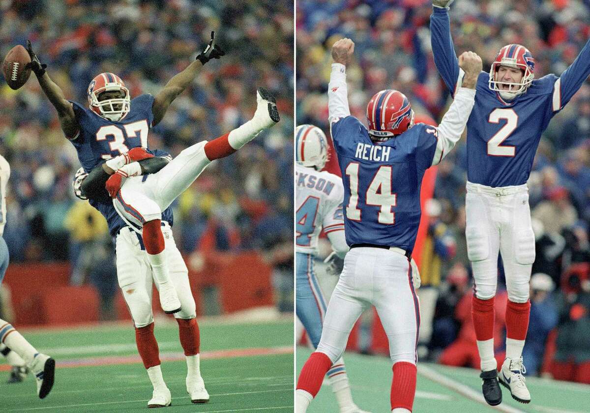 FILE - At left, in a Jan. 3, 1993, file photo, Buffalo Bills cornerback Nate Odoms gets a lift from teammate Henry Jones after intercepting a pass by Warren Moon of the Houston Oilers during an overtime period of an AFC wild-card game to set up Steve Christie's game winning field goal, in Orchard Park, N.Y. At right, Bills kicker Steve Christie, right, celebrates his game-winning field goal with quarterback Frank Reich. The Bills, down 32 points, beat the Oilers 41-38. (AP Photo/John Hickey, File)
