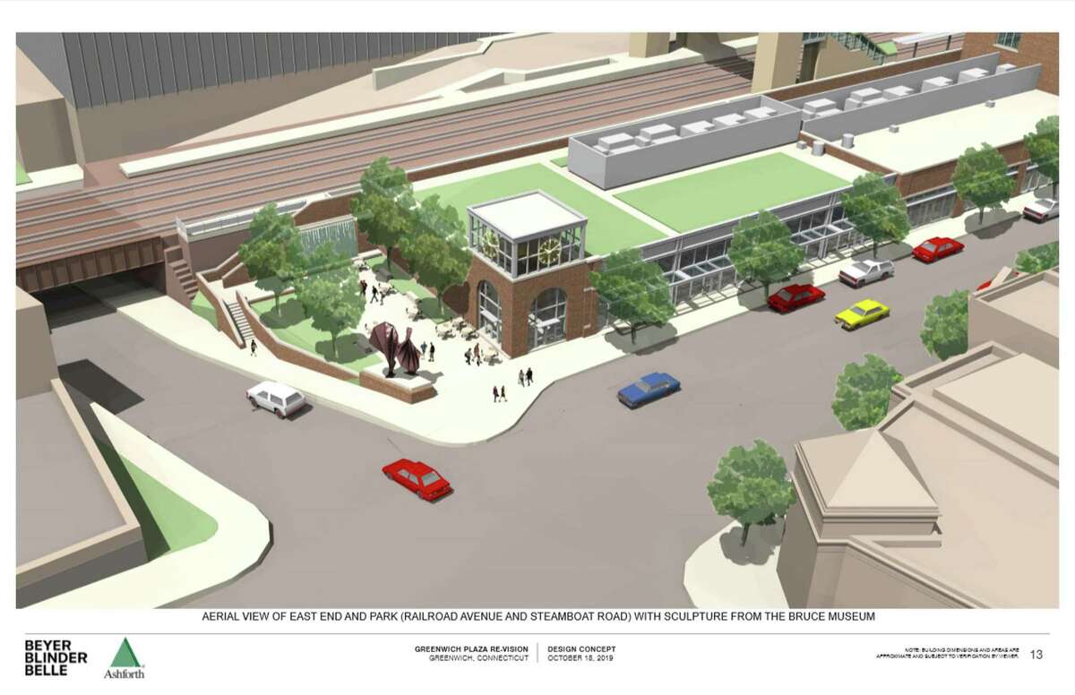 Preliminary conceptual renderings of the new Greenwich Plaza and train station, provided by Beyer Blinder Belle and Ashforth Co.