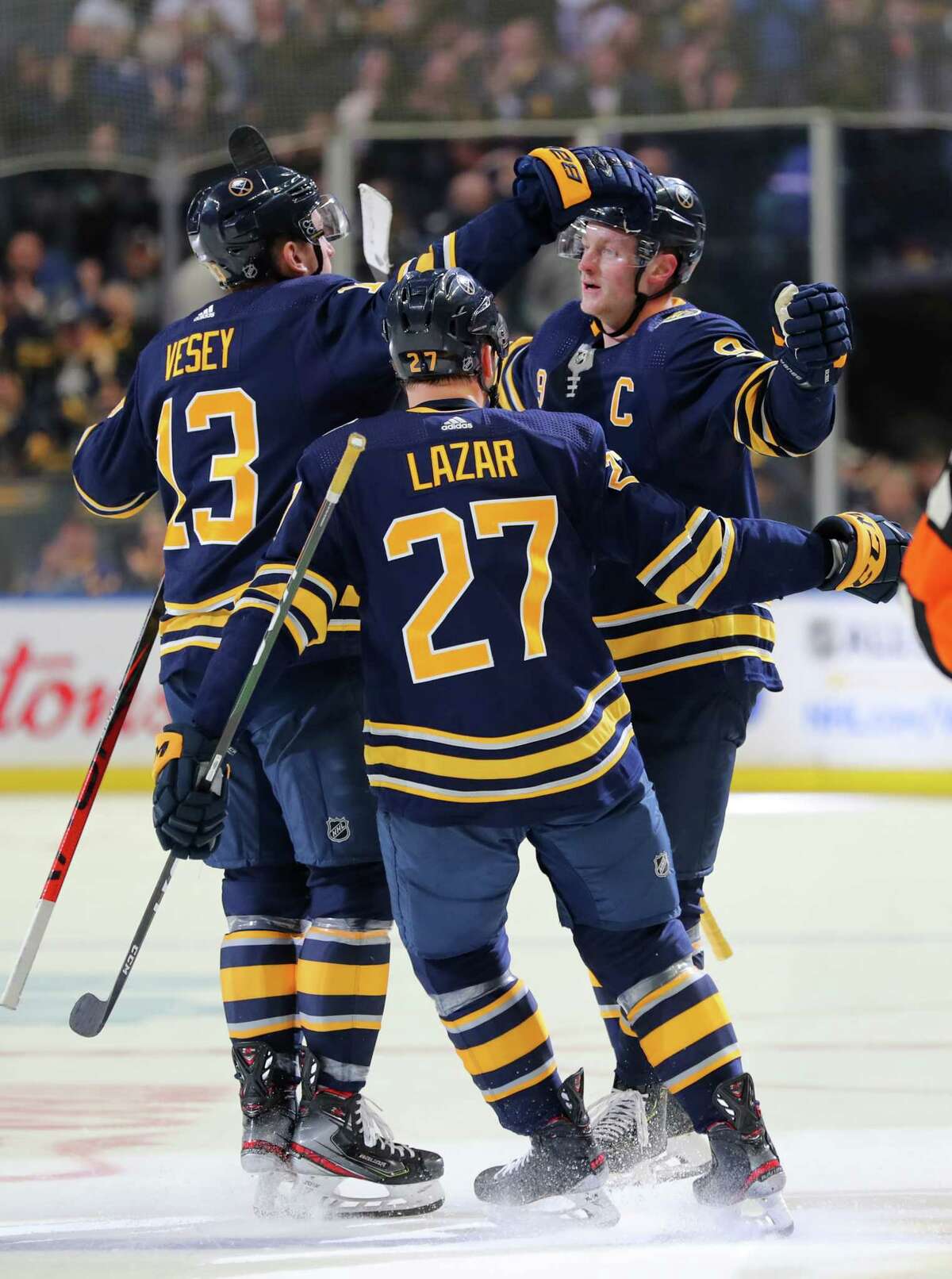 Buffalo Sabres forward Jack Eichel (9) celebrates his goal during the first  period of an NHL ho …