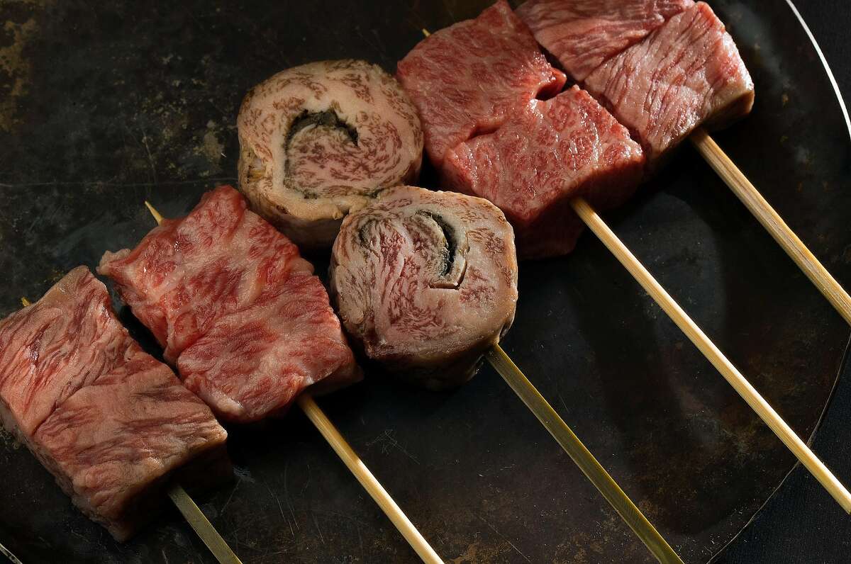 The selection of A5 snow beef kushiyaki served at Gozu restaurant where one of the specialties is Wagyu beef in San Francisco, Calif., on Wednesday, December 18, 2019.