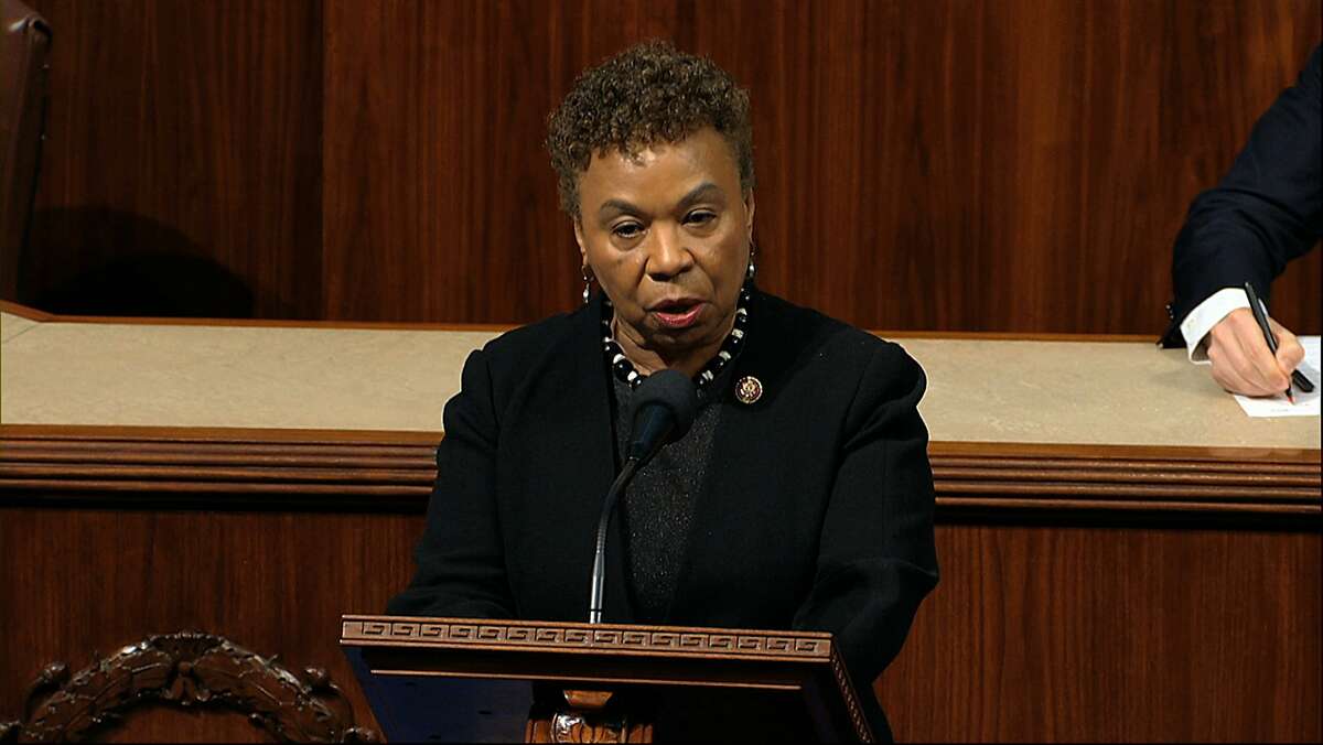 Rep. Barbara Lee, D-Calif.,speaks as the House of Representatives debates the articles of impeachment against President Donald Trump at the Capitol in Washington, Wednesday, Dec. 18, 2019. (House Television via AP)