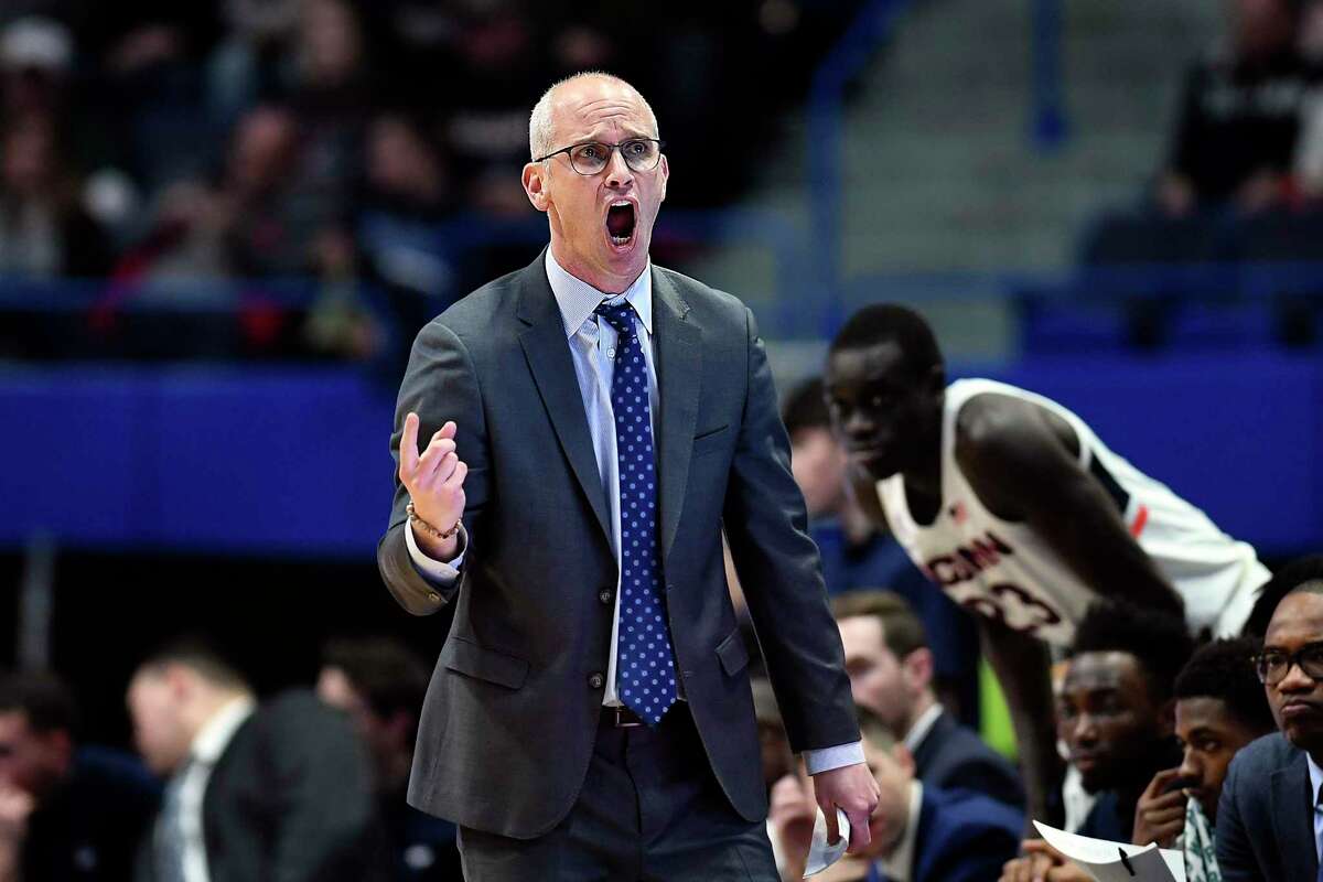 UConn head coach Dan Hurley works the sideline during the first half of an NCAA college basketball game against New Jersey Institute of Technology, Sunday, Dec. 29, 2019, in Hartford.
