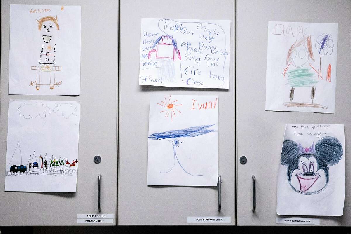 Drawings by child patients of Dr. Dayna Long and Dr. Neeta Thakur hang in their employee lounge at UCSF Benioff Children's Hospital Claremont Clinic East in Oakland , Calif. Friday, Jan. 3, 2020.