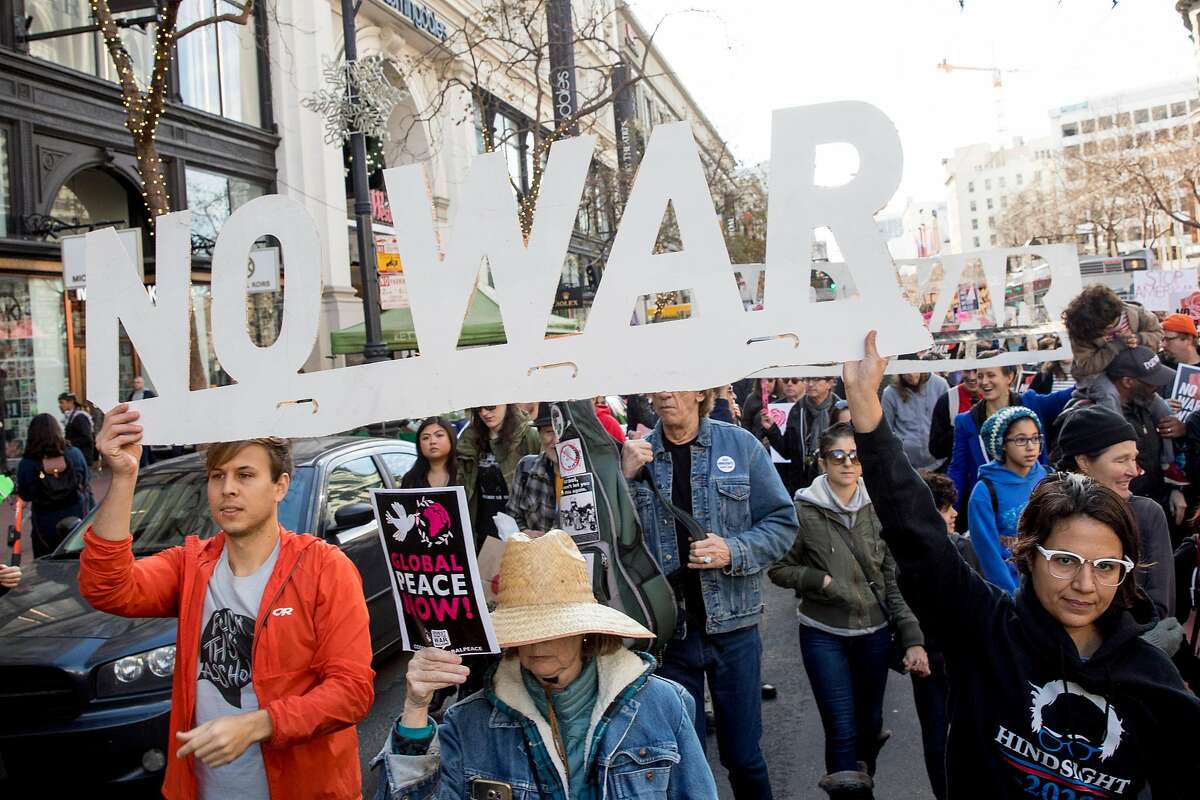 Thousands of protesters march down Market Street toward 4th Street during an anti-war rally in San Francisco, Calif. Saturday, Jan. 4, 2020 in wake of a recent U.S. drone strike that killed a prominent Iranian general in Baghdad.