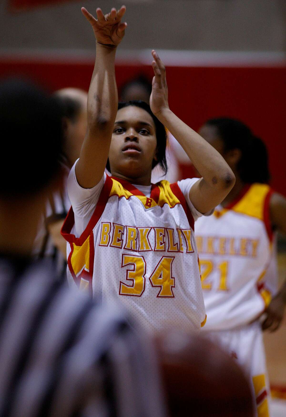 Berkeley's high school basketball star, Brittany Boyd practicing her free throws before taking her shots as Berkeley takes on American in girls high school basketball at Berkeley, Calif., on Friday Feb. 27, 2009.